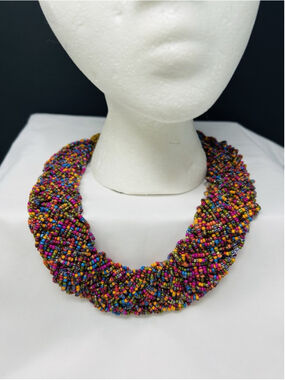 Vtg 80s Wide Thick Rainbow Seed Bead Statement Bib Collar Necklace Made India